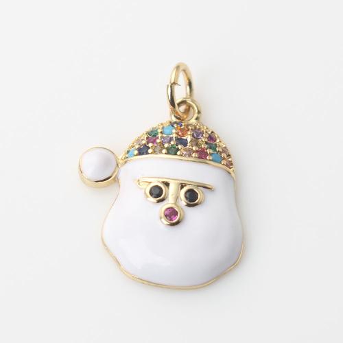 Cubic Zirconia Micro Pave Brass Pendant, Santa Claus, gold color plated, DIY & micro pave cubic zirconia & enamel, white 