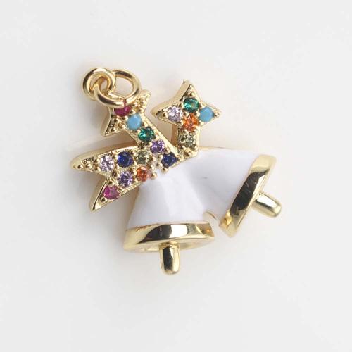 Cubic Zirconia Micro Pave Brass Pendant, Christmas Bell, gold color plated, DIY & micro pave cubic zirconia & enamel, white 