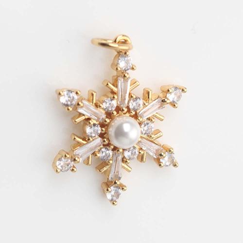 Cubic Zirconia Micro Pave Brass Pendant, with Plastic Pearl, Snowflake, gold color plated, DIY & micro pave cubic zirconia, white 