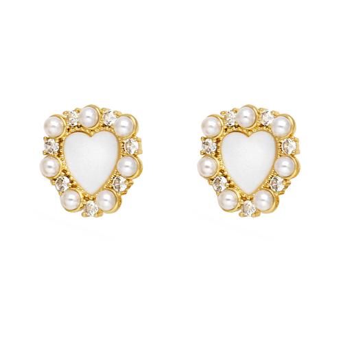 Cubic Zirconia Micro Pave Brass Earring, with Plastic Pearl, Heart, plated, fashion jewelry & micro pave cubic zirconia, golden 