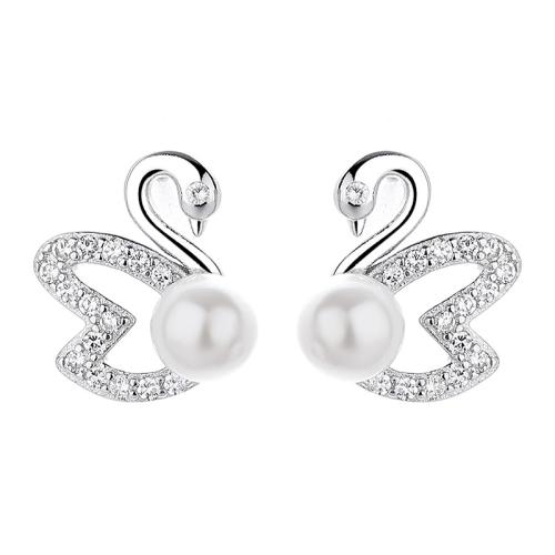Cubic Zirconia Micro Pave Sterling Silver Earring, 925 Sterling Silver, with Plastic Pearl, Swan, plated, micro pave cubic zirconia & for woman 