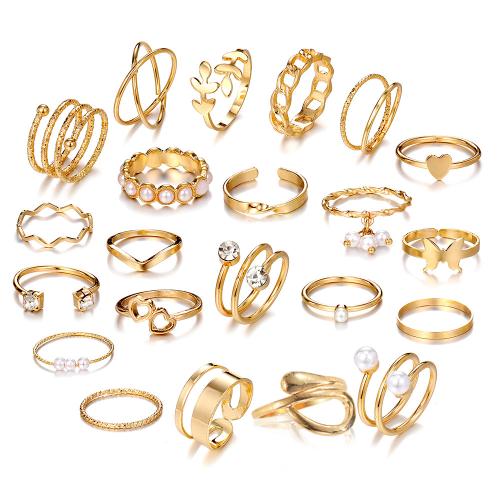 aleación de zinc Anillo Set, con Perlas plásticas, chapado en color dorado, para mujer & con diamantes de imitación, Vendido por Set