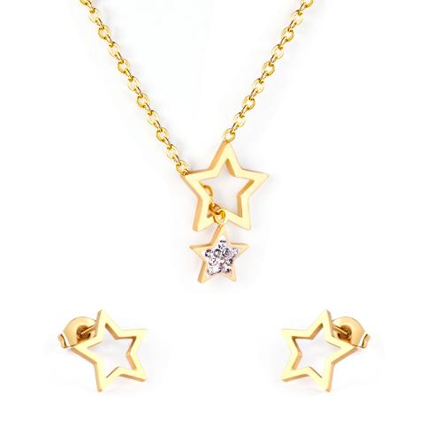 304 Stainless Steel Jewelry Set, Stud Earring & necklace, Star, plated, for woman & with rhinestone & hollow Approx 17.7 Inch 