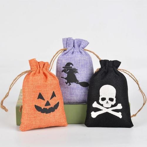 Lino Bolsa de cordón, Diseño de Halloween & diferentes patrones para la opción, más colores para la opción, 100x150mm, Vendido por UD