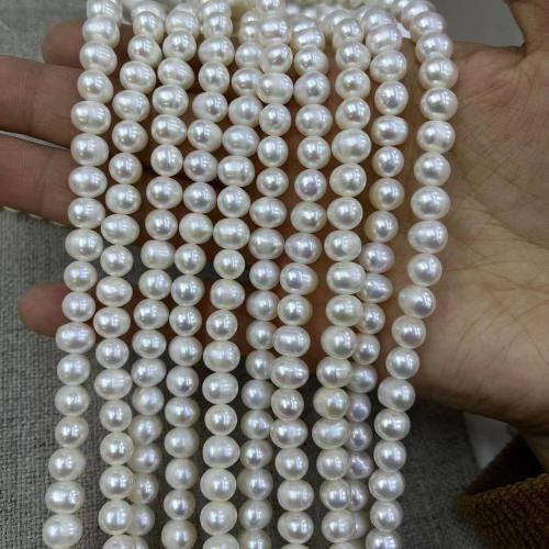 Naturel d'eau douce perles, perle d'eau douce cultivée, Légèrement rond, bijoux de mode & DIY, blanc, Length about 7-8mm, Environ Vendu par brin