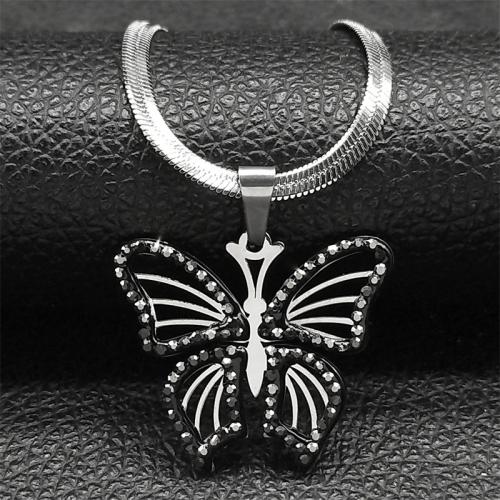 Stainless Steel Jewelry Necklace, 304 Stainless Steel, with 10cm extender chain, Butterfly, polished, fashion jewelry & Unisex & with rhinestone, silver color Approx 40 cm 