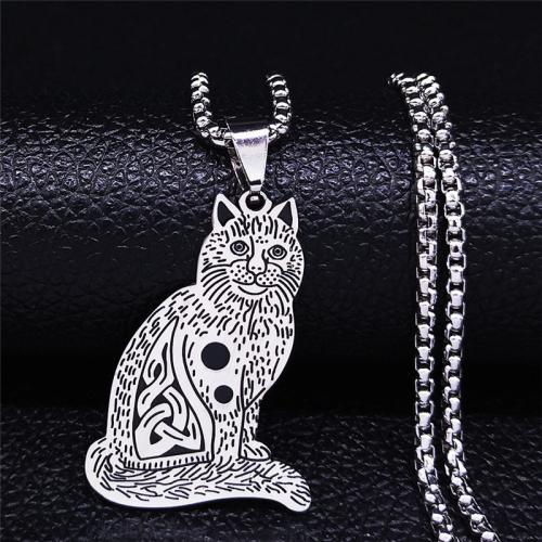 Stainless Steel Jewelry Necklace, 304 Stainless Steel, Cat, polished, fashion jewelry & Unisex & enamel, silver color Approx 50 cm 