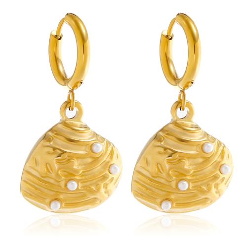 Stainless Steel Drop Earring, 304 Stainless Steel, with Plastic Pearl, Shell, Vacuum Ion Plating, fashion jewelry & for woman, golden 