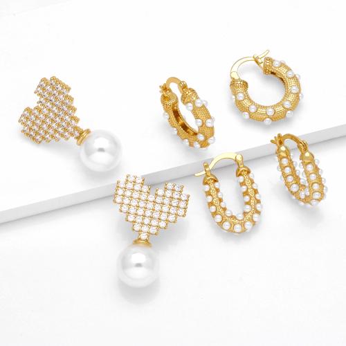 Cubic Zirconia Micro Pave Brass Earring, with Plastic Pearl, plated, fashion jewelry & micro pave cubic zirconia, golden 