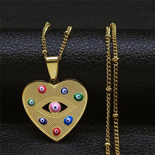 Evil Eye Jewelry Necklace, 304 Stainless Steel, Heart, polished, fashion jewelry & Unisex & enamel, golden Approx 50 cm 