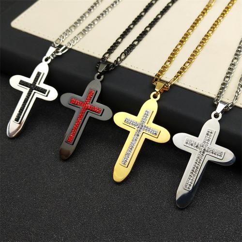 Stainless Steel Jewelry Necklace, 304 Stainless Steel, Cross, polished, fashion jewelry & Unisex & with rhinestone Approx 50 cm 