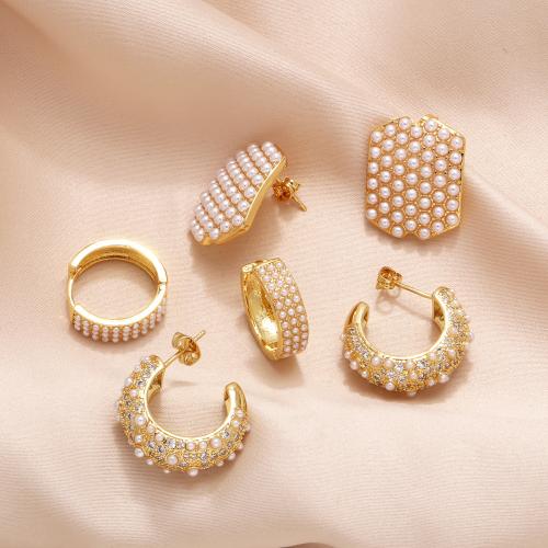 Brass Stud Earring, with Plastic Pearl, plated, fashion jewelry golden 