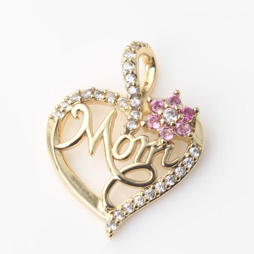 Brass Pendant, Heart, gold color plated, Mother Day Jewelry & micro pave cubic zirconia, pink 