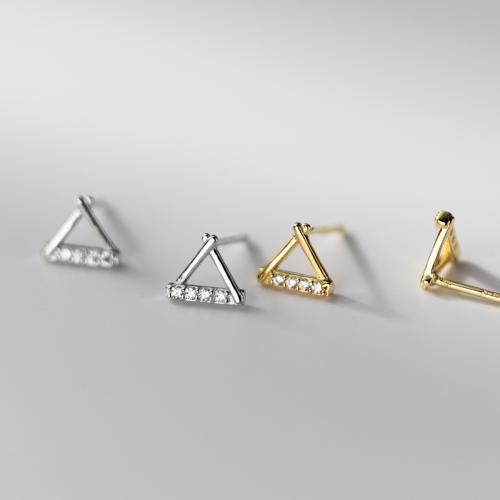 925 Sterling Silver Stud Earring, Triangle, plated, for woman & with rhinestone & hollow 