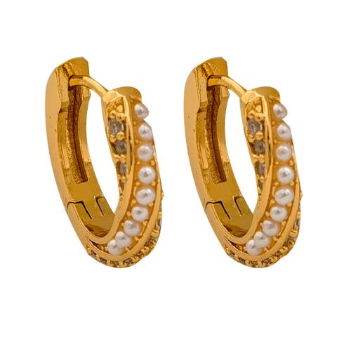 Befestiger Zirkonia Messing Ohrring, mit Kunststoff Perlen, vergoldet, Modeschmuck & Micro pave Zirkonia & für Frau, goldfarben, 17x3mm, verkauft von Paar