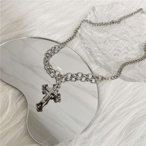 Rhinestone Zinc Alloy Necklace, with Copper Coated Iron, Cross, silver color plated, fashion jewelry & Unisex & with rhinestone 