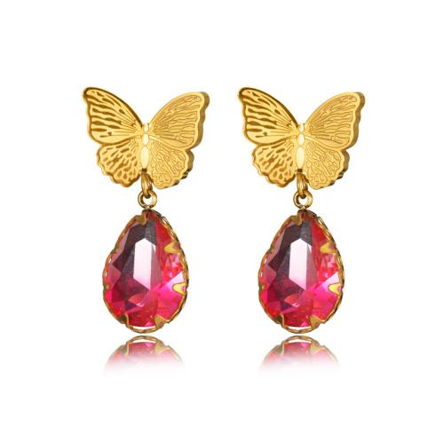 Stainless Steel Drop Earring, 304 Stainless Steel, 18K gold plated, fashion jewelry & for woman & with rhinestone 