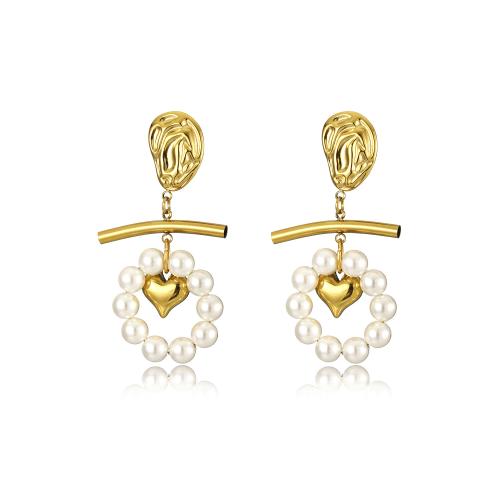 Stainless Steel Drop Earring, 304 Stainless Steel, with Plastic Pearl, 18K gold plated, fashion jewelry & for woman 