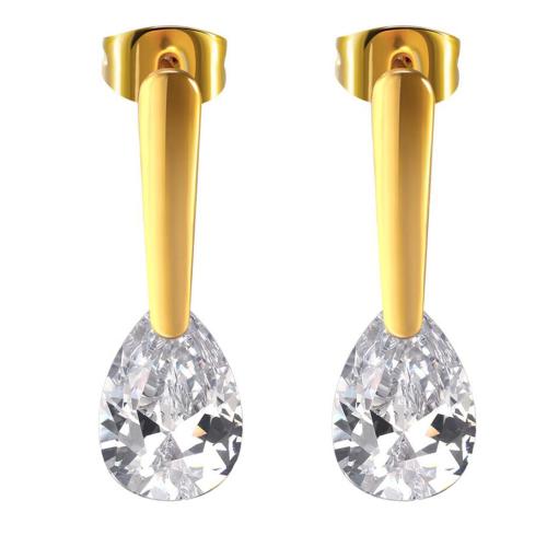 Titanium Steel Earrings, with Cubic Zirconia, Teardrop, gold color plated & for woman 25mm 