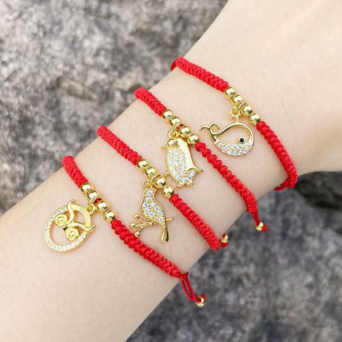 Cubic Zirconia Micro Pave Brass Bracelet, with Nylon Cord, plated, fashion jewelry & micro pave cubic zirconia, red 