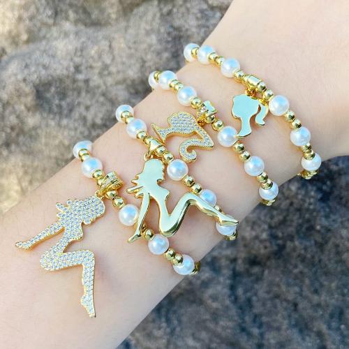 Befestiger Zirkonia Messing Armband, mit Kunststoff Perlen, plattiert, Modeschmuck & verschiedene Muster für Wahl & Micro pave Zirkonia, goldfarben, verkauft von PC