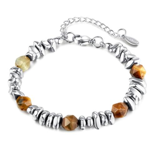 Tiger Eye Stone Bracelets, 304 Stainless Steel, with Tiger Eye, with 50mm extender chain, polished, fashion jewelry & Unisex, original color mm [