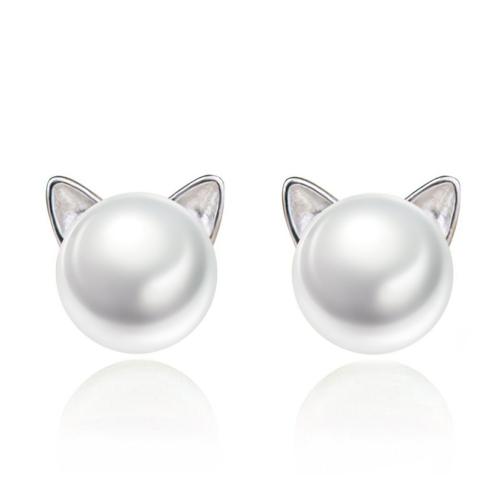 Brass Stud Earring, with Plastic Pearl, plated, for woman, platinum color 