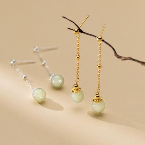 925 Sterling Silver Drop Earring, with Jade, Round, plated, vintage & for woman 