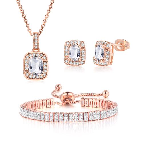 Cubic Zirconia Micro Pave Brass Jewelry Sets, Stud Earring & bracelet & necklace, with 5,11.4cm extender chain, plated, three pieces & fashion jewelry & micro pave cubic zirconia & for woman Approx 40 cm, Approx 13.4 cm 