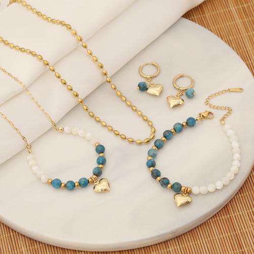 Fashion Stainless Steel Jewelry Sets, 304 Stainless Steel, with Apatites & Shell & Brass, with 5cm extender chain, fashion jewelry & for woman Approx 40 cm 