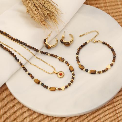 Fashion Stainless Steel Jewelry Sets, 304 Stainless Steel, with Tiger Eye & Brass, with 5cm extender chain, fashion jewelry & for woman Approx 40 cm 