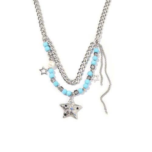 Titanium Steel Jewelry Necklace, with Synthetic Turquoise & Crystal, Star, Double Layer & fashion jewelry & for woman & with rhinestone, mixed colors Approx 41.5-48 cm 