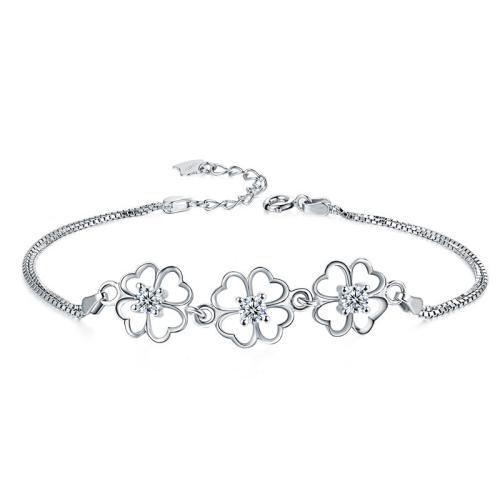 Sterling Silver Bracelets, 925 Sterling Silver, with 3cm extender chain, Four Leaf Clover, fashion jewelry & for woman & with rhinestone Approx 16 cm 
