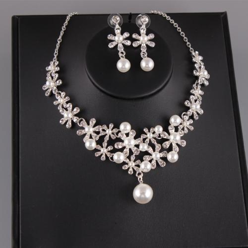 Rhinestone Zinc Alloy Jewelry Set, earring & necklace, with Plastic Pearl, with 5cm extender chain, polished, 2 pieces & for woman & with rhinestone, silver color, earring 35mm Approx 45 cm 