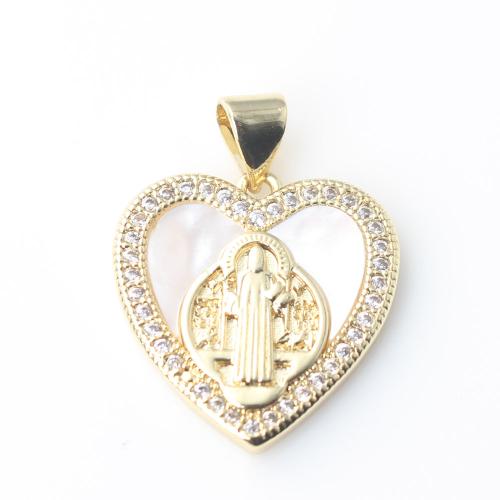 Cubic Zirconia Micro Pave Brass Pendant, with White Shell, Heart, gold color plated, DIY & micro pave cubic zirconia 