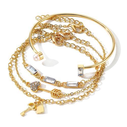 Zinc bracelets en strass en alliage , alliage de zinc, avec perle de plastique, 4 pièces & pour femme & avec strass, Or, Vendu par fixé