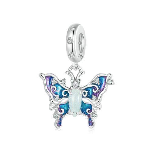 Sterling Silver European Pendants, 925 Sterling Silver, with Moonstone, Butterfly, plated, DIY & micro pave cubic zirconia & enamel, platinum color [