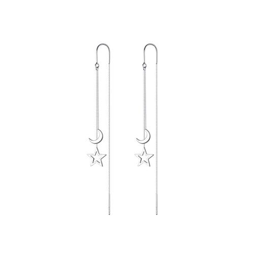 925 Sterling Silver Thread Through Earrings, Moon and Star, platinum plated, box chain & for woman & hollow, 92mm 