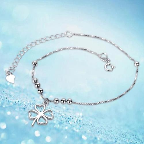 Fashion Jewelry Anklet, 925 Sterling Silver, with 3.5cm extender chain, Four Leaf Clover, for woman Approx 24.5 cm 