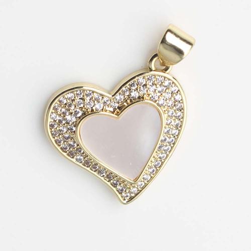 Cubic Zirconia Micro Pave Brass Pendant, with White Shell, Heart, gold color plated, DIY & micro pave cubic zirconia, white 
