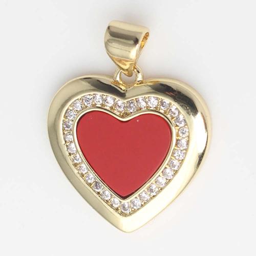 Cubic Zirconia Micro Pave Brass Pendant, Heart, gold color plated, DIY & micro pave cubic zirconia & enamel, red 