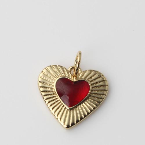 Стеклянные латунь подвески, Латунь, с Стеклянный, Сердце, плакирован золотом, DIY, красный продается PC