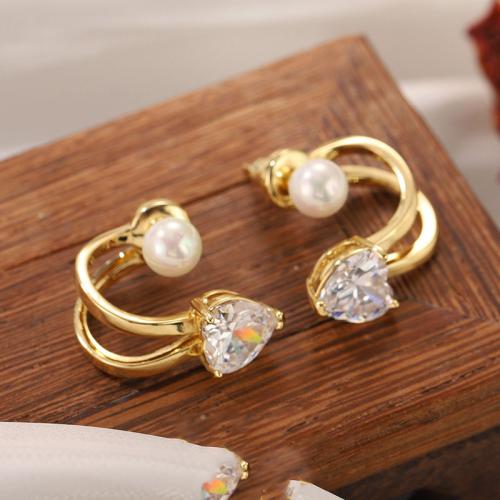 Boucle d'oreille en alliage de zinc en plastique perle, avec Plastique ABS perle, Placage, bijoux de mode & avec strass, doré Vendu par paire