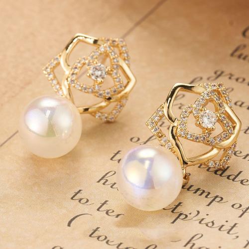 Boucle d'oreille en alliage de zinc en plastique perle, avec Plastique ABS perle, Placage, bijoux de mode & avec strass, doré Vendu par paire