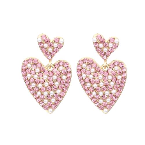 Zinc Alloy Rhinestone Drop Earring, with Plastic Pearl, Heart, fashion jewelry & for woman & with rhinestone, golden 