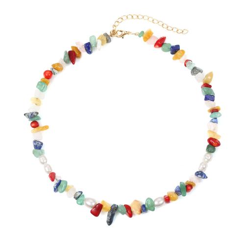 Gemstone Necklaces, Zinc Alloy, with Stone & Plastic Pearl, with 7cm extender chain, handmade, fashion jewelry & for woman, multi-colored cm 