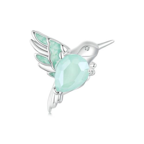 Cubic Zirconia Sterling Silver European Beads, 925 Sterling Silver, with Glass, Hummingbird, plated, DIY & micro pave cubic zirconia & enamel, platinum color Approx 4.5mm [