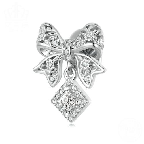 Cubic Zirconia Sterling Silver European Beads, 925 Sterling Silver, Bowknot, plated, DIY & micro pave cubic zirconia, platinum color Approx 4.5mm 