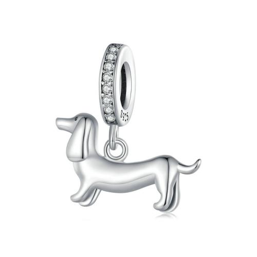 Sterling Silver European Pendants, 925 Sterling Silver, Dog, plated, DIY & micro pave cubic zirconia, platinum color 