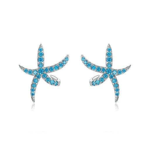 Cubic Zirconia Micro Pave Sterling Silver Earring, 925 Sterling Silver, Starfish, plated, micro pave cubic zirconia & for woman, platinum color 